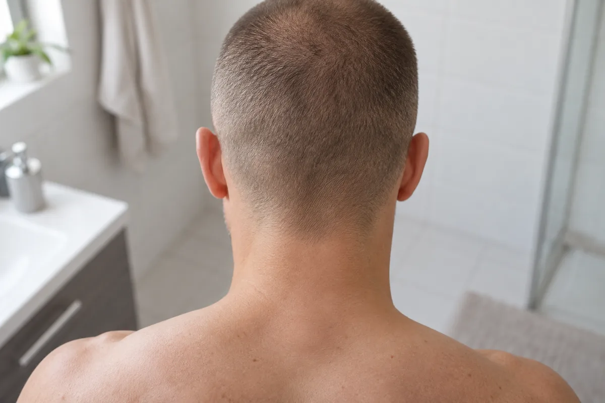 Arrière du crâne d’un homme aux cheveux rasés très courts pendant la repousse après une greffe de cheveux