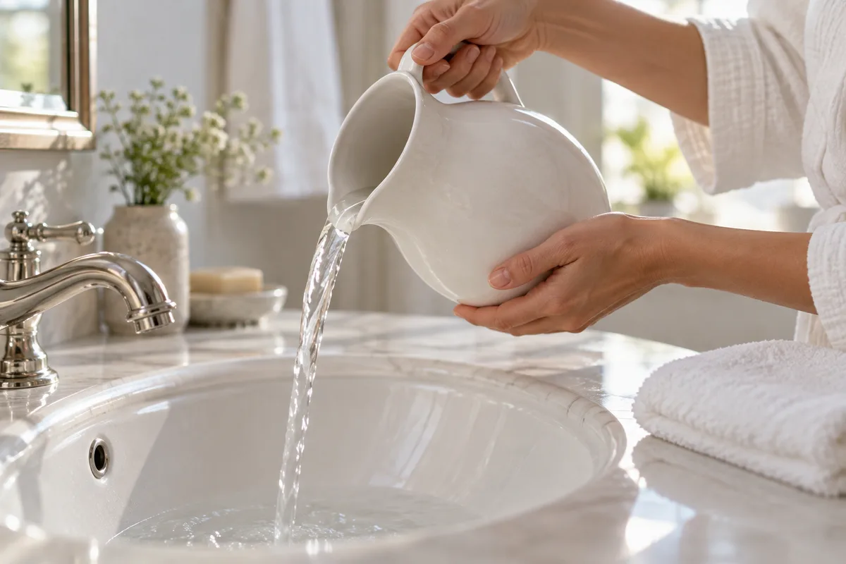 Mains versant une eau tiède d’un broc en céramique au-dessus d’un lavabo pour un lavage doux