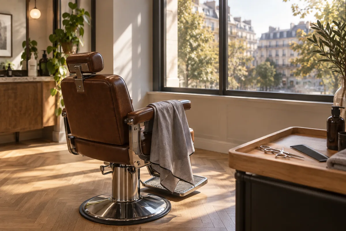 Fauteuil de coiffeur vide face à une fenêtre, cape unie sur l’accoudoir, ciseaux et peigne sur un plateau