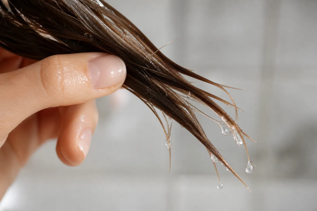 Mèche de cheveux mouillée en gros plan avec gouttes d’eau