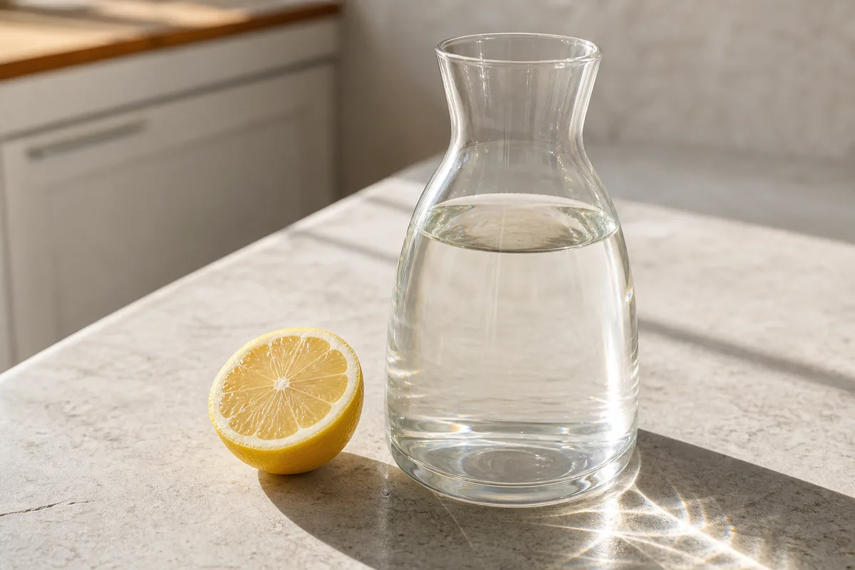 Carafe en verre remplie d’eau et demi-citron sur un plan de travail clair
