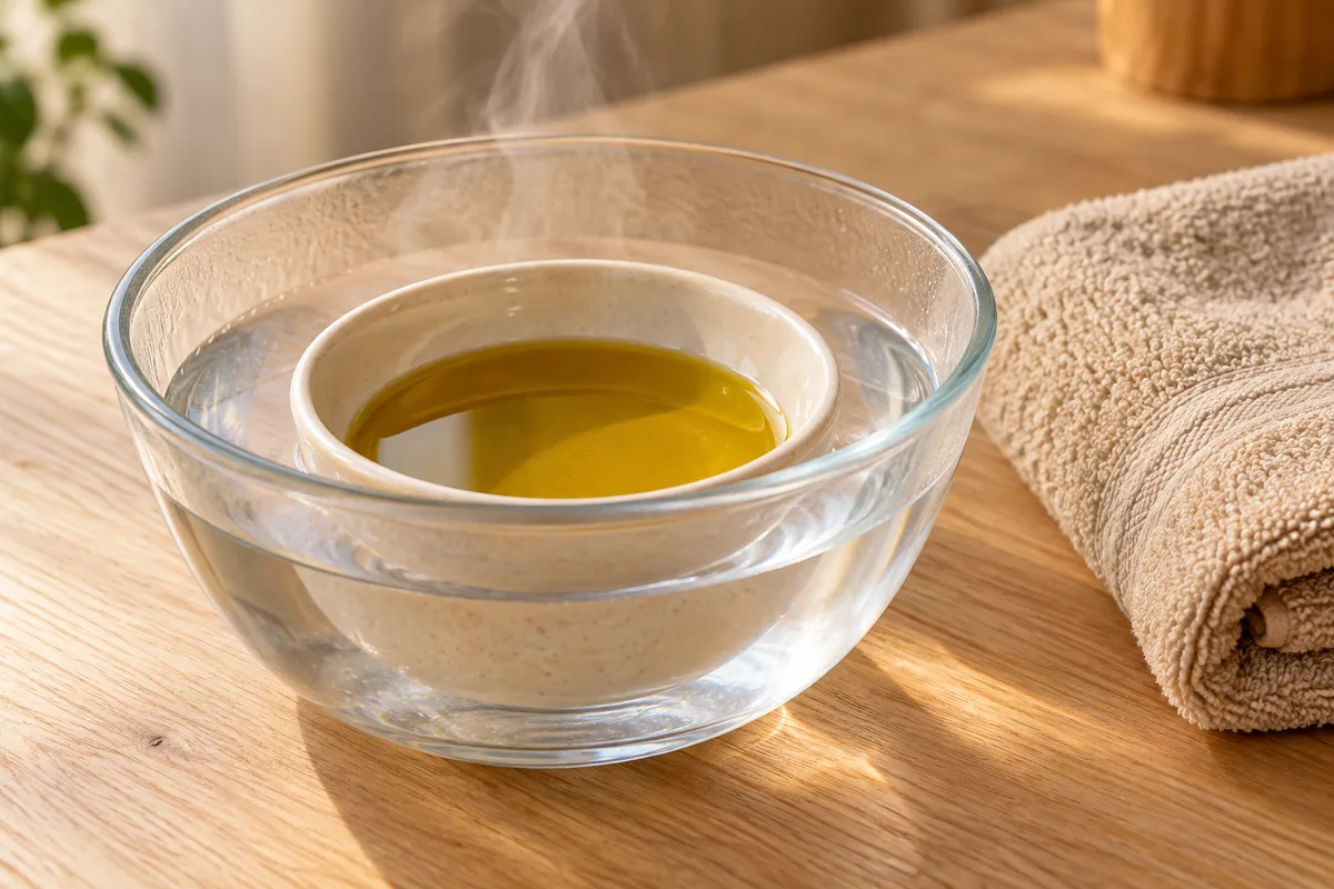 Bol d’huile d’olive tiédi au bain-marie à côté d’une serviette éponge
