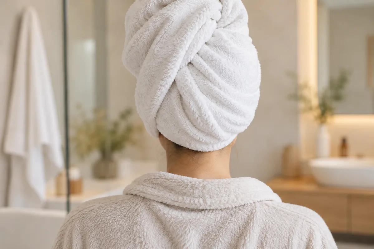 Cheveux longs enveloppés dans une serviette de coton blanche après le rinçage