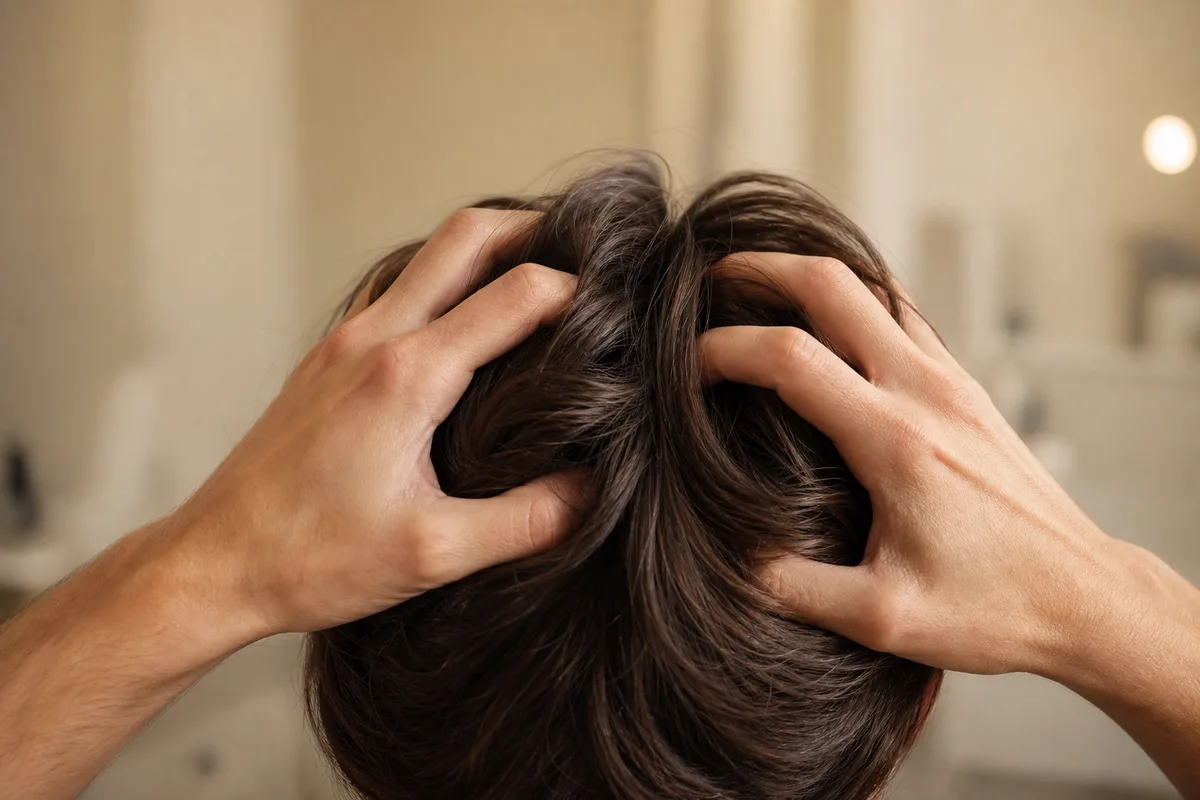 Mains posées sur un cuir chevelu, doigts écartés en mouvement circulaire lent