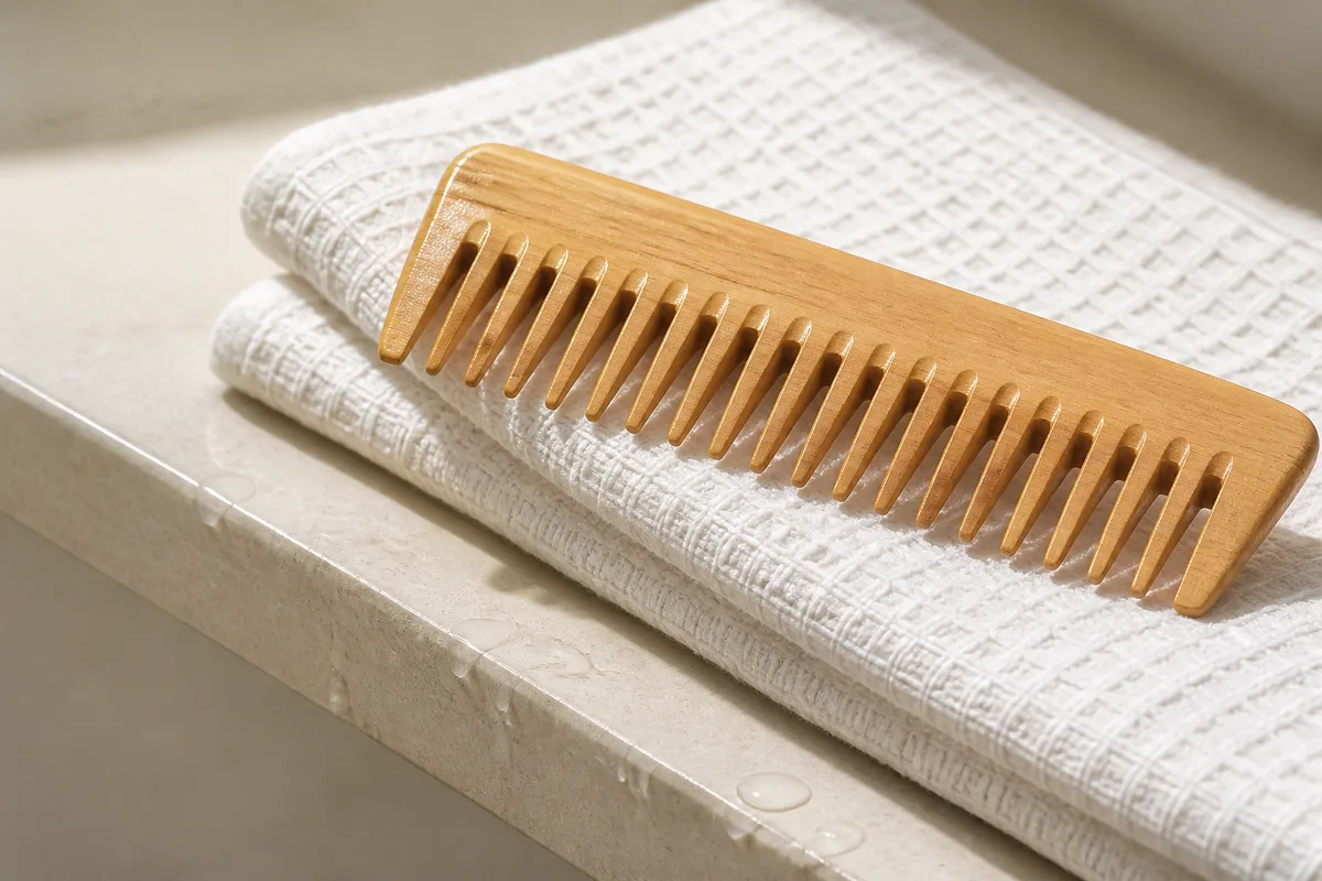 Peigne en bois posé sur une serviette pliée dans une salle de bain claire