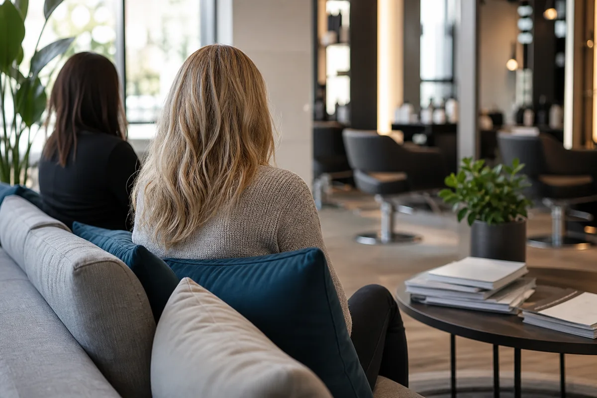 Cliente patientant sur une banquette dans un salon de coiffure lumineux, magazines posés sur une table basse