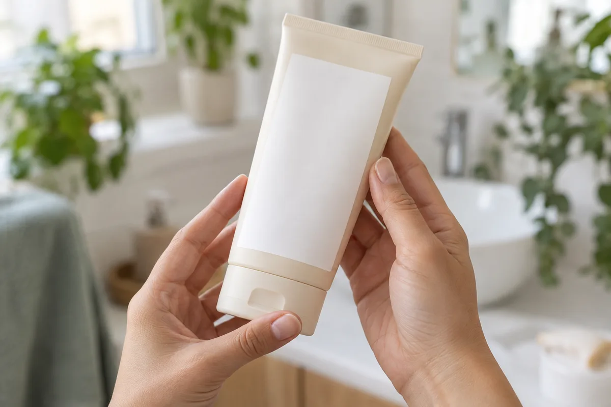 Mains tenant un flacon de soin capillaire neutre retourné, avec une étiquette blanche vierge, dans une salle de bain lumineuse