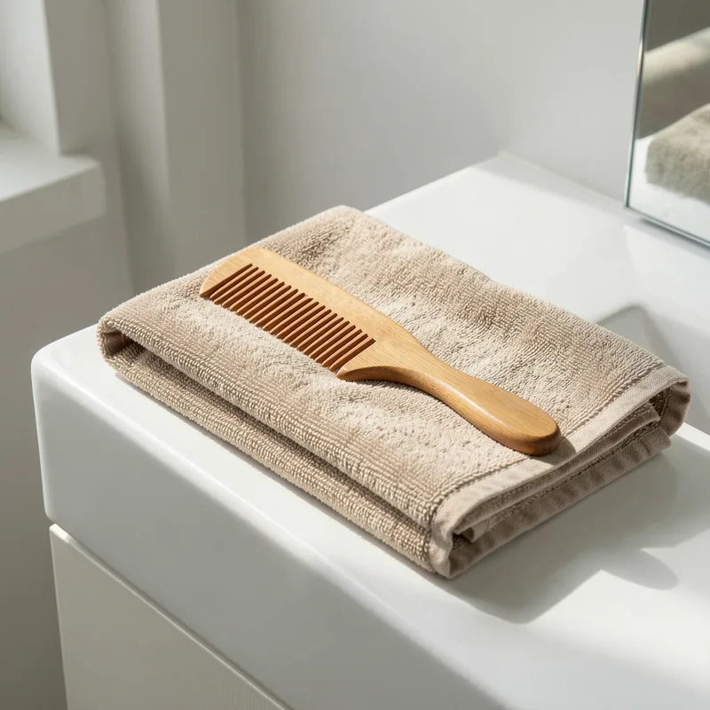 Peigne en bois à dents larges posé sur une serviette claire dans une salle de bain