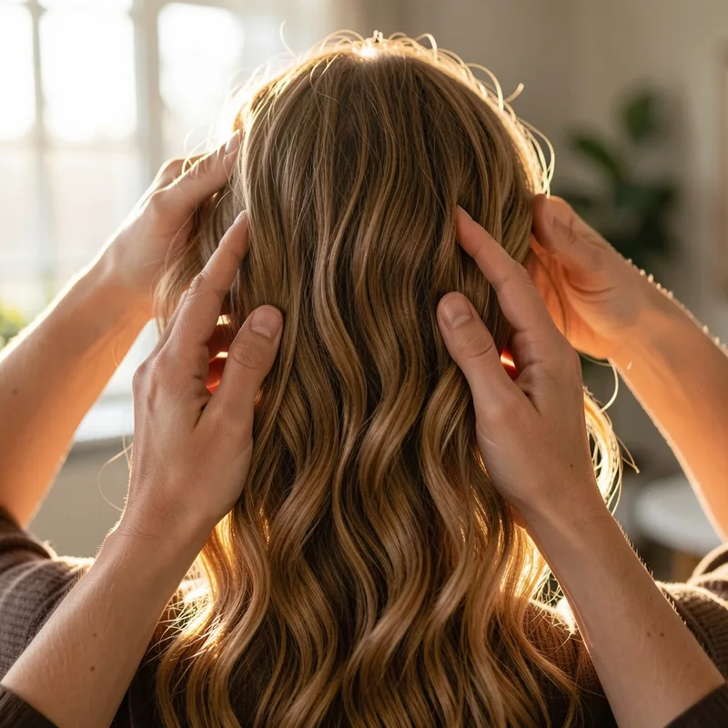 Mains froissant délicatement des longueurs de cheveux ondulés secs à contre-jour